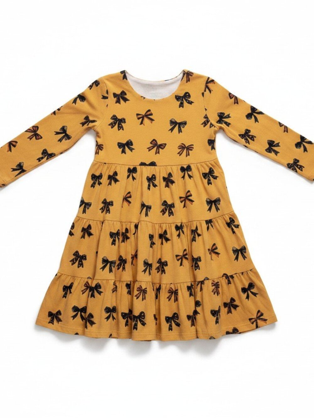 Minikin Mischief Mustard Yellow Bow Print Long Sleeve Tiered Ruffle Dress 5/6